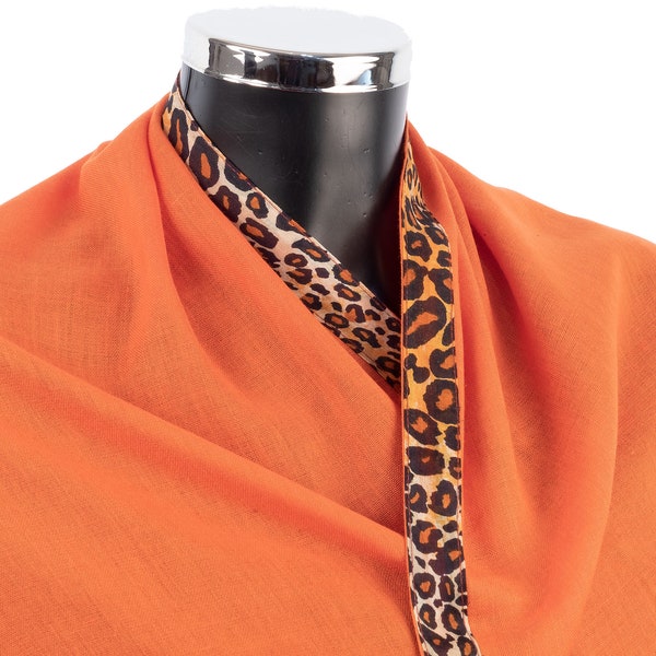 Orange Scarf For Woman with Leopard Print Border. Light Weight Soft Fair Trade Scarves for Ladies.