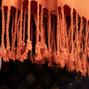 May include: A close-up of a burnt orange scarf with long fringe tassels. The scarf is made of a soft, woven fabric.