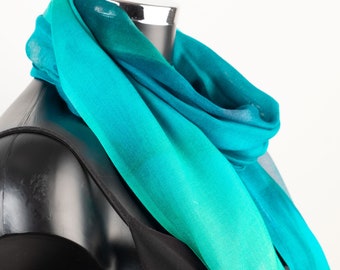 Teal color pashmina scarf, modal and cashmere, Peacock Emerald summer shawl, Cyan women's wrap, Light bright fairtrade scarves for women