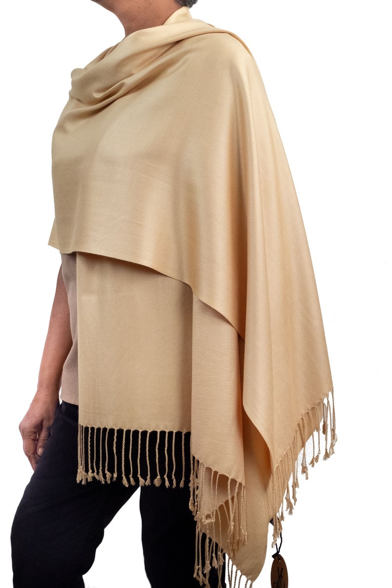 Large gold coloured pashmina shawl or scarf especially suited to weddings, formal events, cruises or more casual outings.