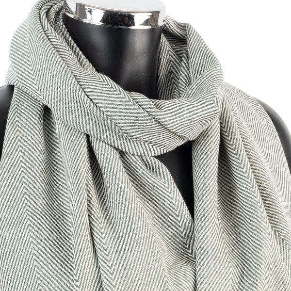 Thick Cotton Winter Scarf Silver and Cream In Classic Herringbone Weave. The Perfect Christmas Present Fair Trade Scarf For Men or Women