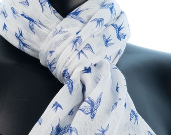 Bird Print Scarf White Cotton Scarf Summer Shawl Light Weight Scarf Bird Accessories Fair Trade Gifts Ethical Fashion Wraps And Stoles