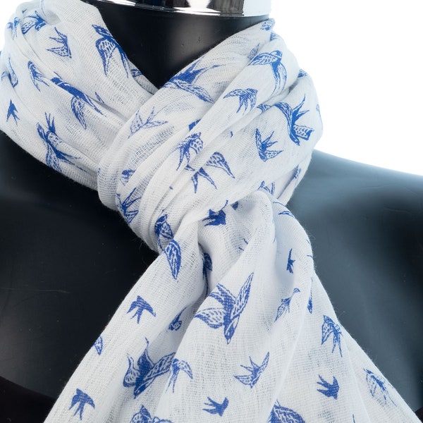 Bird Print Scarf White Cotton Scarf Summer Shawl Light Weight Scarf Bird Accessories Fair Trade Gifts Ethical Fashion Wraps And Stoles