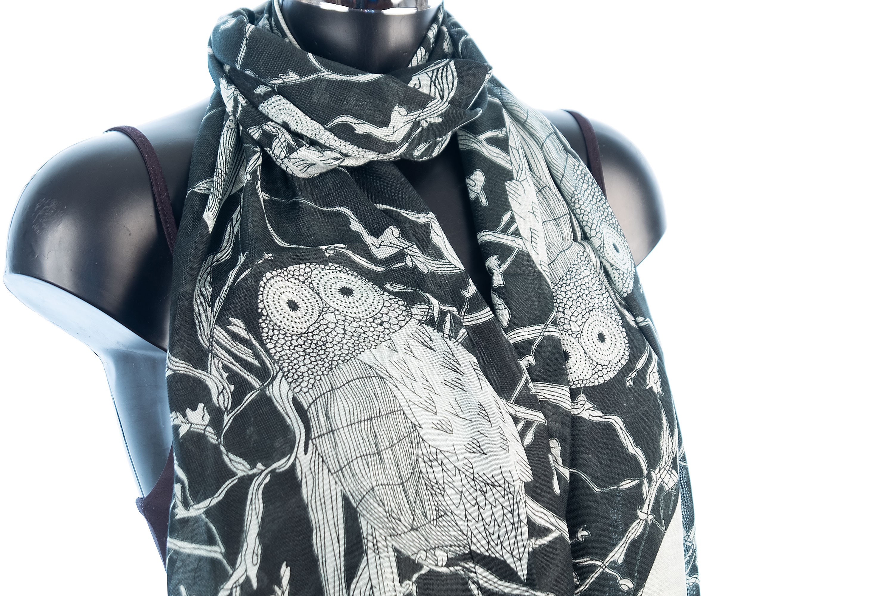 Handmade Owl Scarf: Animal Lovers Gift, Vegan Friendly Fair Trade Cotton Blend Pashmina.