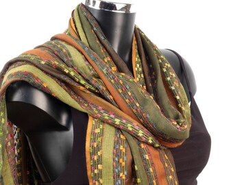 Gray Brown Blue Olive Green Scruched Plaid Multi Color Striped Scarf Long New Gray Brown Blue Olive Green Scruched Plaid Multi Color Striped Scarf Long New
