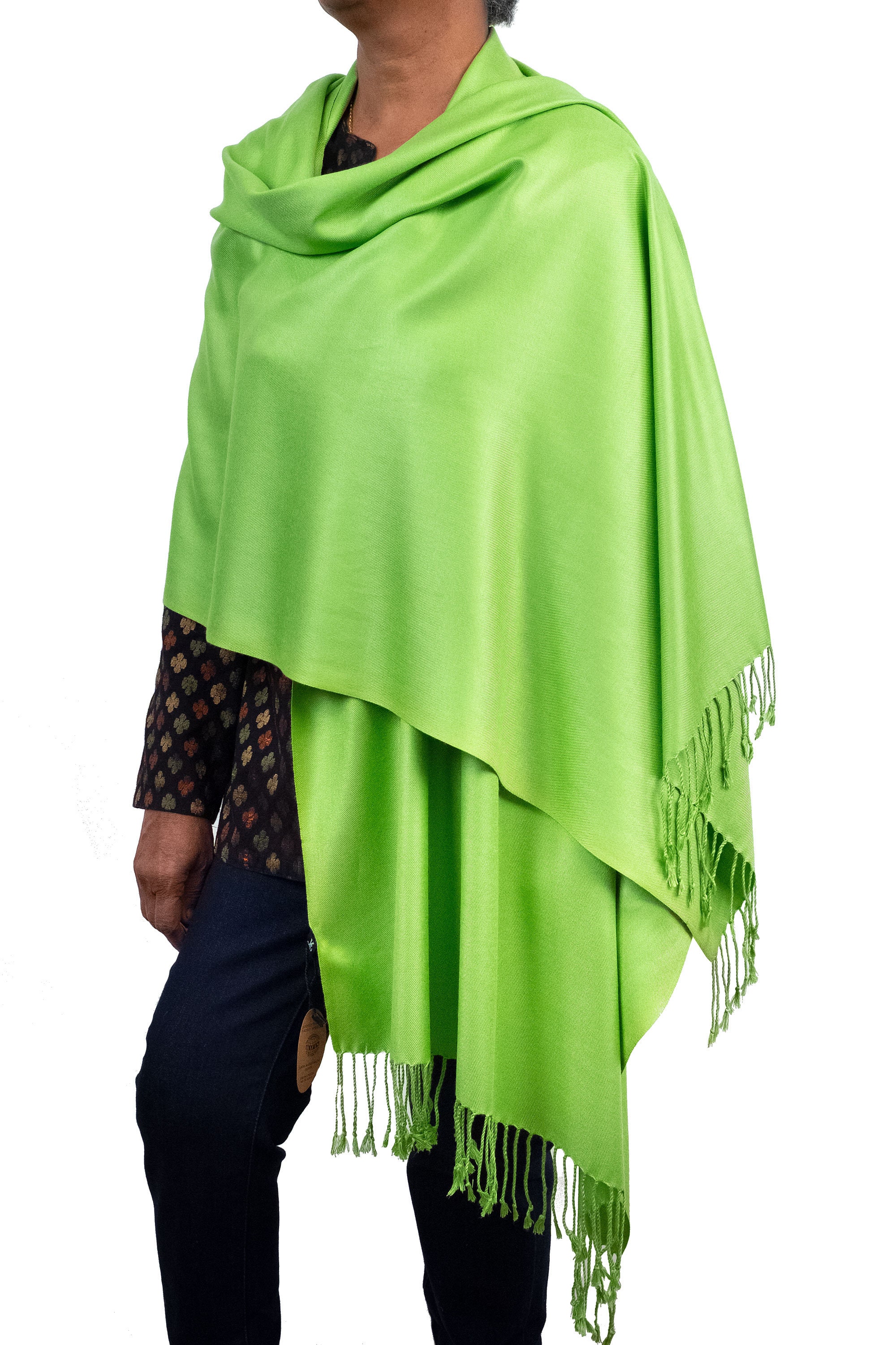 Green Pashmina Scarf With Tassels Lime Bridal Shawl Wedding