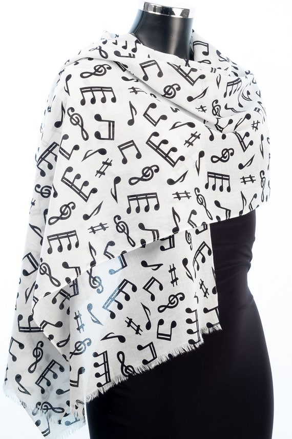 Music Notes Scarf Ladies Black White Cotton Wrap Fair Trade Musical Note Shawl