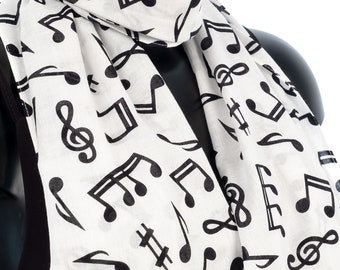 Clave De Agudos Y Notas Musicales Raya De Satén Blanco Sobre Negro Bufanda, Nota Musical - Negro