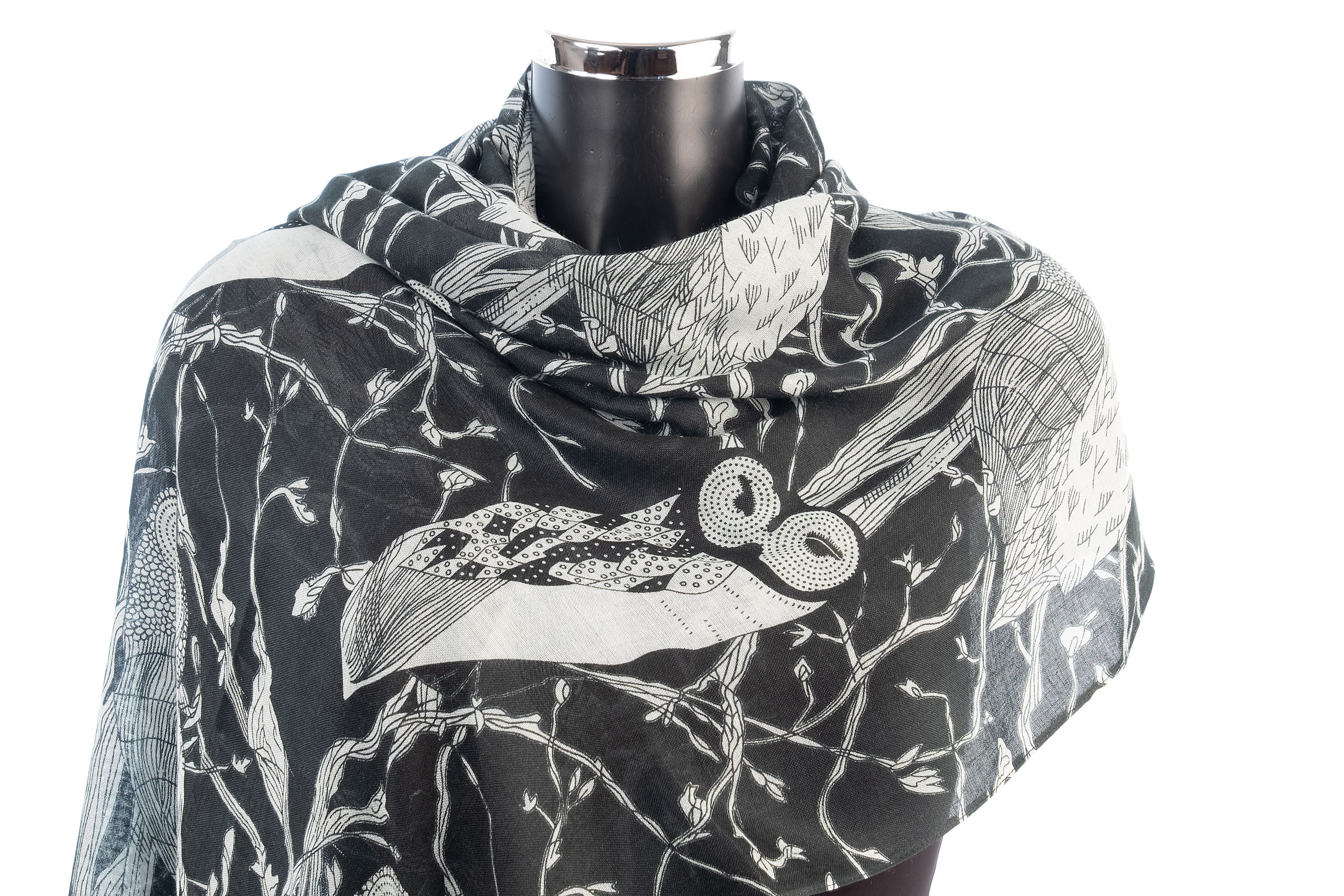 Owl Print Scarf: Silver & Black Vegan Wrap