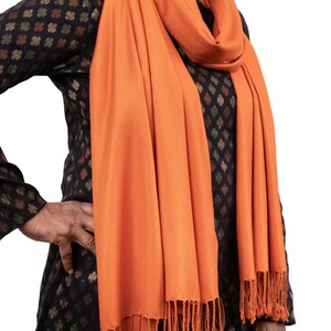 May include: A bright orange pashmina scarf with fringe. The scarf is draped around a person's neck and shoulders.