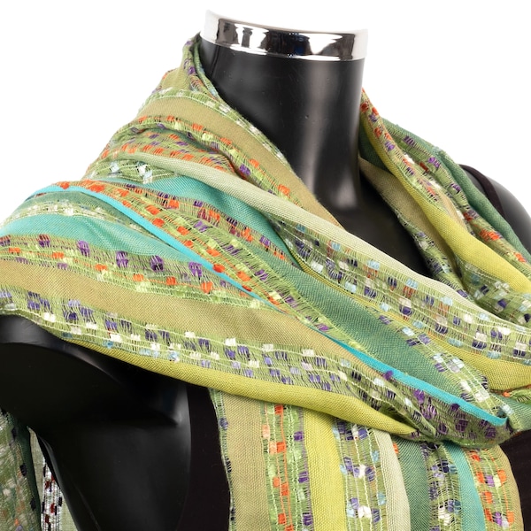 Lime Green Striped Scarf, Parrot Green Scarves, Fair Trade Gifts For Her Green Stoles and Pashminas, Gifts For Woman, Bright Green Scarf