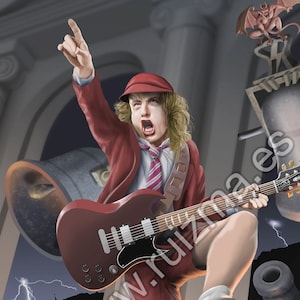 Angus Young Fan Art Poster - ACDC Classic Rock Vintage Decor Illustration