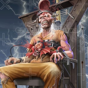 Puede incluir: Ilustración digital de una figura atada a una silla eléctrica. La figura tiene una cara grotesca y viste un mono naranja rasgado. Una figura de diablo rojo está unida al pecho. Los relámpagos destellan en el fondo.