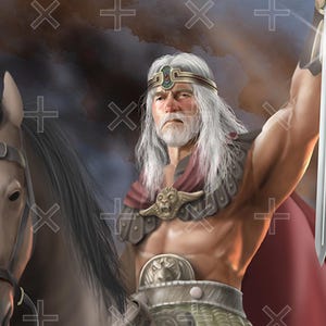 May include: A white-haired man with a crown and a lion-emblazoned chest plate rides a white horse. He holds a sword in his right hand and looks determined.