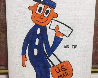 Mr Zip USPS US Postal Service Original Small Painting Artwork, Gift for Mail Carrier or Post Office Worker, Retro Mascot
