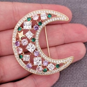 Broche de luna creciente con zirconia cúbica, regalos encantadores para ella