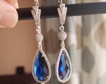 Art Deco earrings Sapphire blue dangle earrings handmade