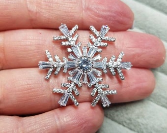 Christmas brooch, silver snowflake brooch, cubic zircon jewelry for her