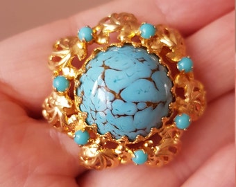 Vintage gold faux turquoise brooch, 1950s jewelry