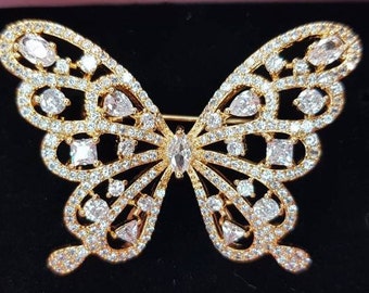 Gold butterfly brooch cubic zirconia micro pave, Gifts for her