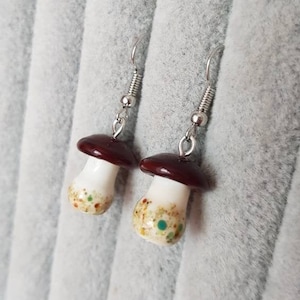 Handmade mushroom dangle earrings for her for him