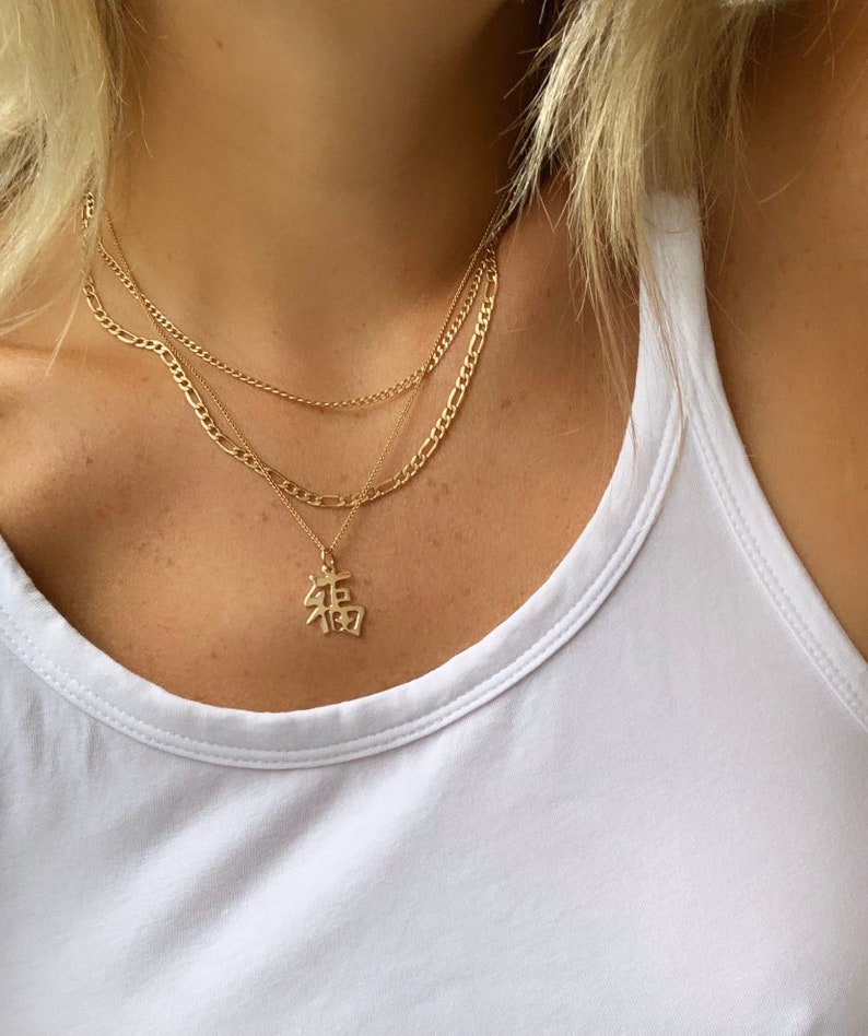 Good Luck Charm Good Fortune Gold Charm, 14K Yellow Gold Chinese Character FU Good Luck Pendant