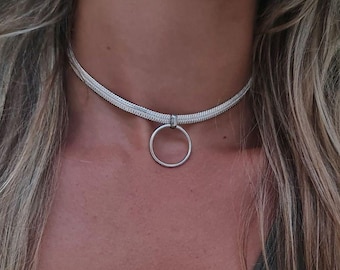 Sterling Silver O-Ring Choker: Herringbone Chain Goth Collar
