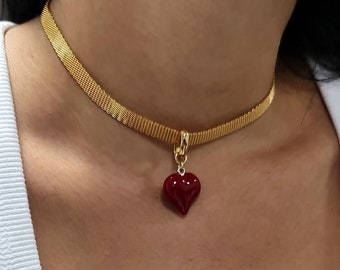 Heart Choker Necklace, Red heart Collar, Delicate Gold Choker Necklace, Dainty Choker Necklace, flat snake chain choker, Mother's Day Gift