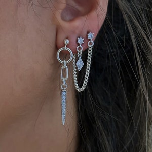 Earring Sets:  Long Dangle CZ Spike Charm - Ear Jacket Chain - Sterling Silver, 3 Unit For 4 Hole