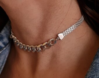 Curb Chain Choker, Day Collar, Statement chain Choker, Classic Choker Necklace, Silver Chain Choker, Chunky Silver Choker, Rocker Jewelry