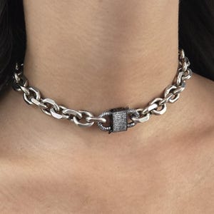 Chunky chain with front Pave Carabiner - Mixed black silver -  Lock Clasp choker for women