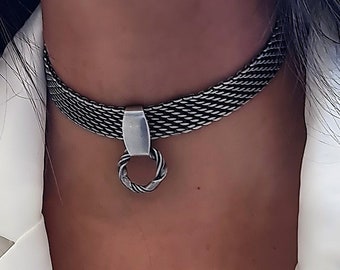 Curled O ring over Braided Mesh choker - thick brass silver Woven Chain collar