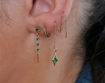 Dangle Stacking Earrings, Green Cz Charm Earrings, Threader Spike Earring, Gold Dangle Earring - Second Hole Earrings, Huggie Hoop Earrings