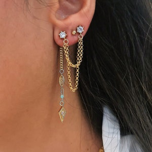 Triple Earrings, Ear Jacket Chain Earrings, Double Sided Earrings, Helix Chain Earrings Studs, Hole To Hole Earrings, Gold Earrings Set