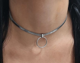 Silver O ring day collar, Herringbone choker necklace, Elegant circle necklace, unique collar for everyday, goth, gothic, emo jewelry