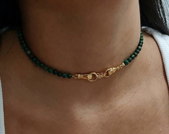 Hand Charm Choker Necklace, Turquoise Gemstone necklace, Gold hand necklace, Hand Holding Ring Choker, Natural Green Gemstone Chain Gift