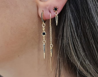 Gold Triple Earrings, Spike Earrings Set , Small Dangle Earrings - Second Hole Earrings, Small Huggie Hoop Earrings, Spike Earrings