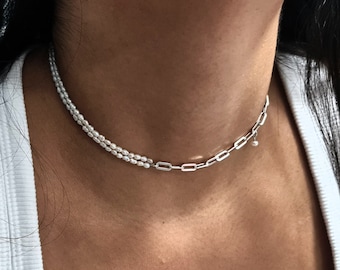 Silver Chunky Chain Pearl Necklace, Silver Pearl Choker, Sterling gold Paperclip Choker, Dainty Pearl Chain necklace, Pearl Jewelry Gift