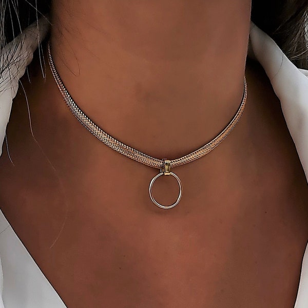 Gouden ketting choker - O ring choker - visgraat ketting choker - hoepel choker ketting - ring choker - platte slang choker - choker ketting