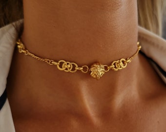 Kleine dikke leeuw ketting - kleine leeuw bedelketting - gelaagde schakelketting - delicate ontwerp choker - vrouw cadeau, zus cadeau, vriend cadeau