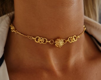 Goldkette-Choker - Gold-Löwe-Choker-Halskette - Gliederkette-Choker - Zierliche klobige Gliederkette - Löwe-Halskette - Minimalistischer Choker