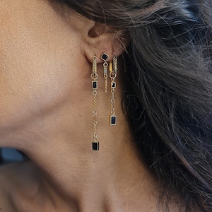 Trendy Black Zirconia Pave Hoop Earrings, Gold Dangle Stackers - Stylish Second Hole Charms, Square Huggies