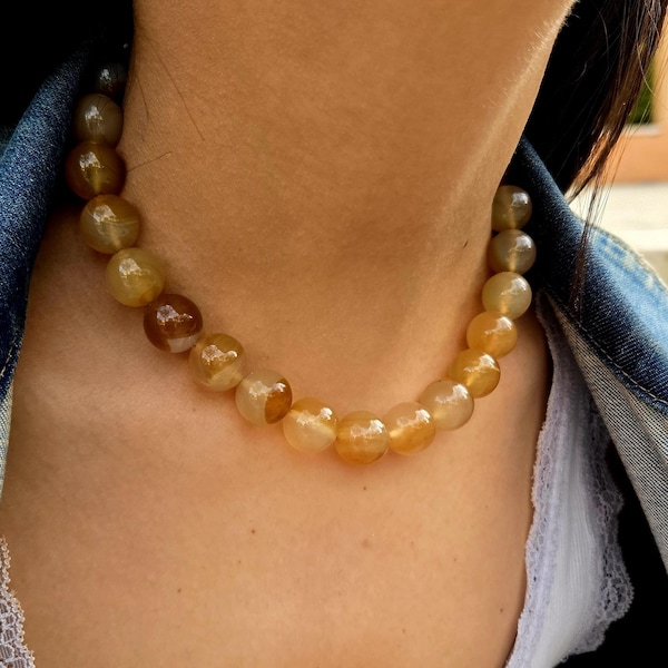 Light Brown Jade Beaded Necklace: Chunky Gemstone Chain