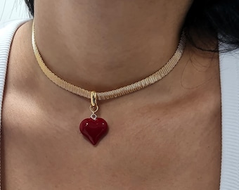 Red heart Collar, Heart Necklace, Red heart  pendant necklace, Gold Choker Necklace, Gold Snake Chain, Day Collar For Wife, Gift For Mom