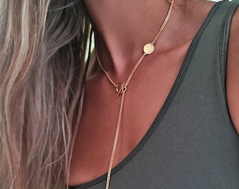 Y lariat necklace - Lariat Necklace - Gold Y necklace - Dainty Toggle Clasp necklace - Coin Charm necklace - Long Drop classic necklace