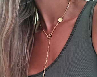 Gouden y lariat-ketting: muntbedel tuimelsluiting, lange druppel
