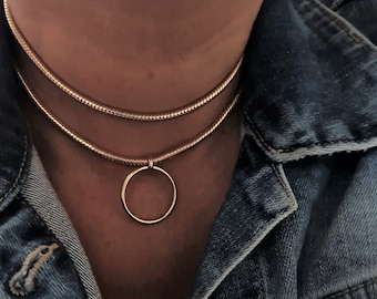 Gold O ring Chain Choker, circle choker necklace, herringbone chain choker collar, day collar discreet for everyday, gift for her