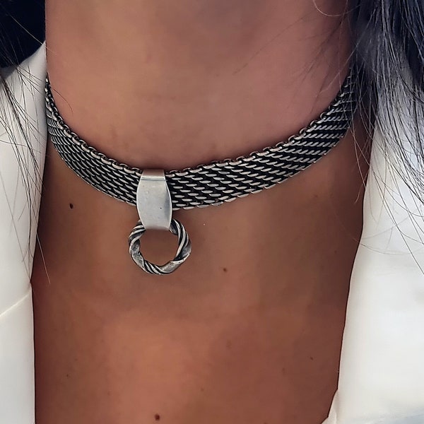 Silver Chain Choker - O Ring Choker - Weaved Choker - Hoop Choker Necklace - Ring Choker -  Flat Snake Choker - Choker Necklace