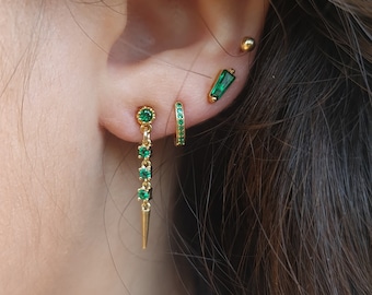 Green Cz Spike Earring - Spike Hoop Earring, Pave Hoop, Tiny Charm Hoop, Stacking Earring, Minimalist Earring, Tiny Hoops, stacker earring