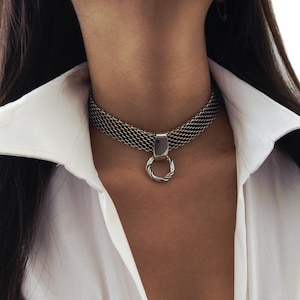 O Ring Choker, Chunky Discreet Day Collar, Statement Oxidized Silver Necklace